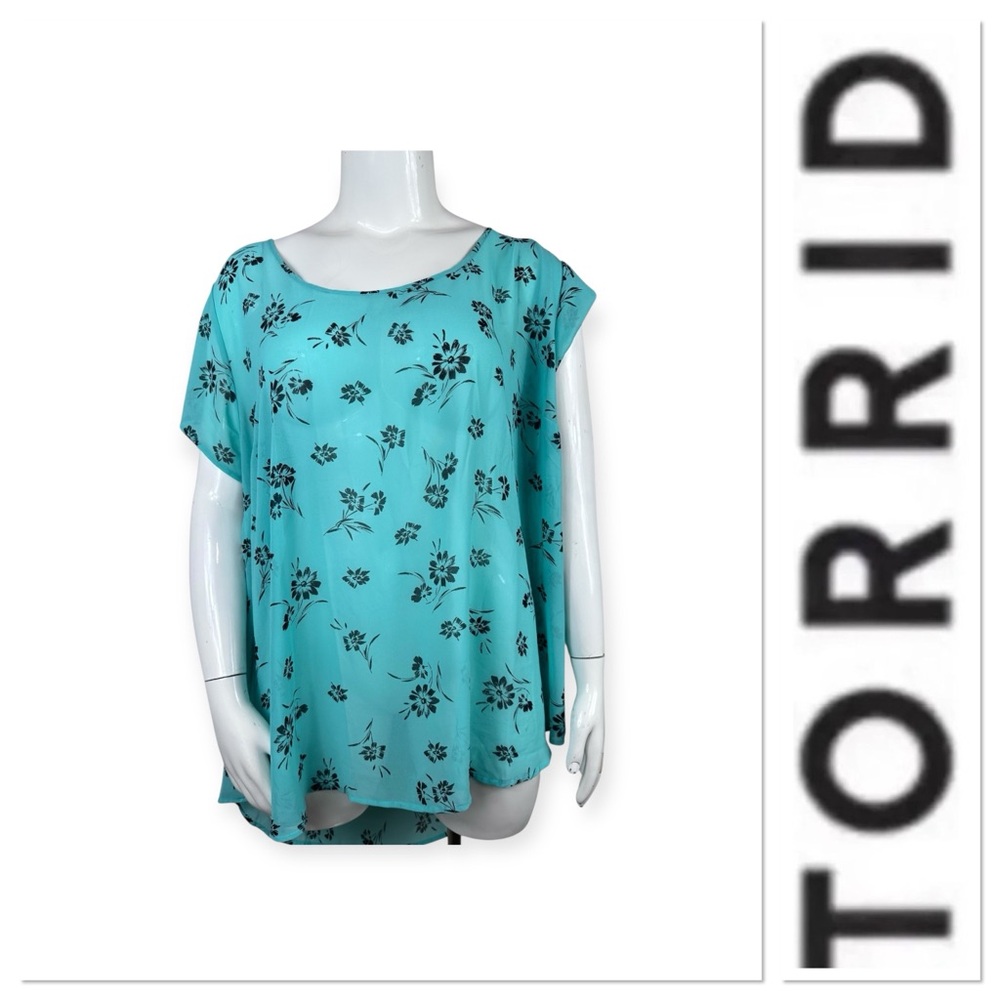 Torrid turquoise semi sheer top with black floral pattern size 5-5X/28